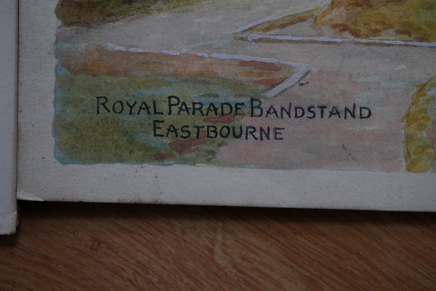 Alfred Robert Quinton (1853-1934), set of four original watercolours for postcard designs, Sussex coastal views comprising: Royal Parade bandstand, Eastbourne, Grand Parade, Eastbourne, Hastings from the castle and Rober